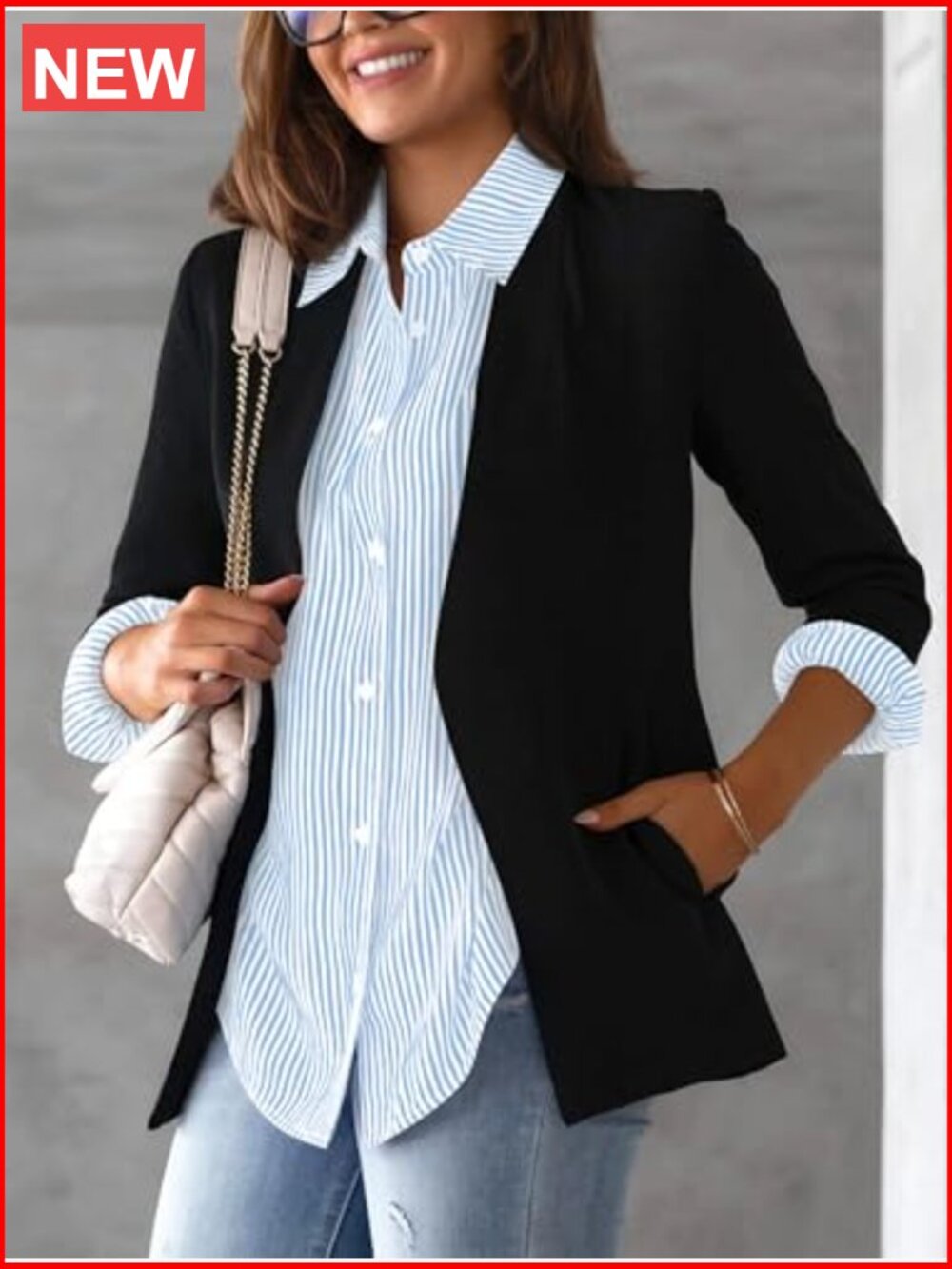 Long Sleeve Button Down Shirt with Chest Pocket - Classic Fit Work Blouse - Picture 5 of 7